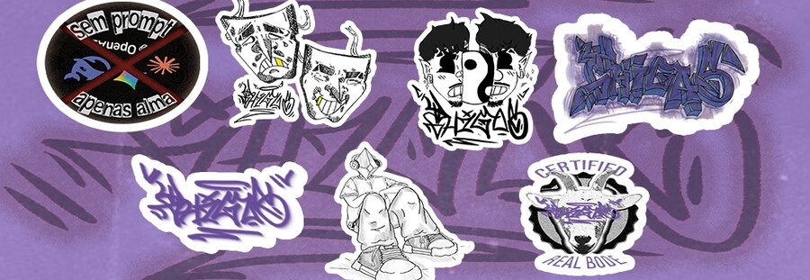 Os 7 adesivos do pack: sem prompt apenas alma, máscaras, yin-yang, tags e o selo Certified Real Bode